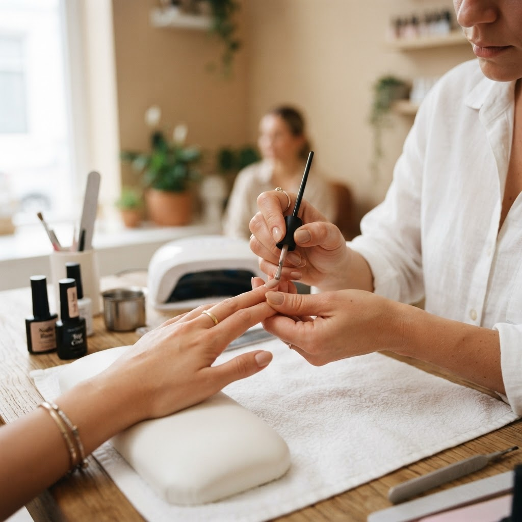 Nail designer aplicando esmalte em uma cliente em um estúdio de unhas