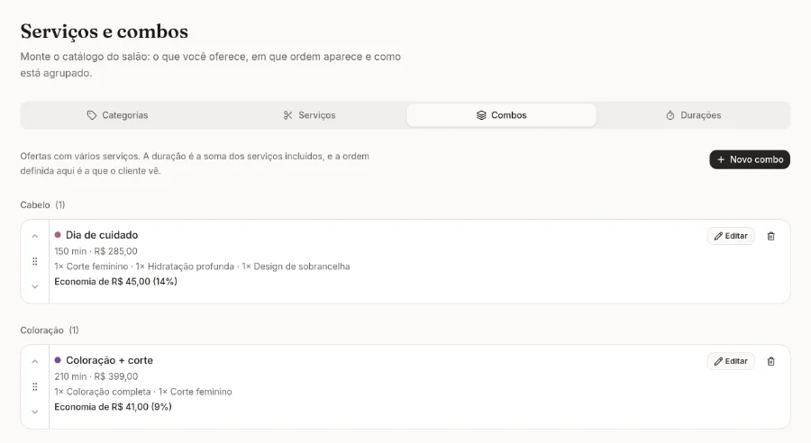 Aba de combos com o pacote Dia de cuidado agrupado por categoria e a economia de R$ 45,00 já calculada