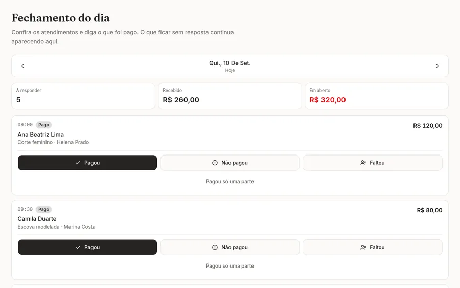 Fechamento do dia com 5 atendimentos a responder, R$ 260,00 recebidos e R$ 320,00 em aberto