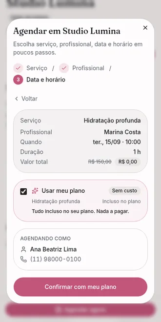 Confirmação de agendamento com o valor de R$ 150,00 riscado e R$ 0,00 a pagar, coberto pelo plano