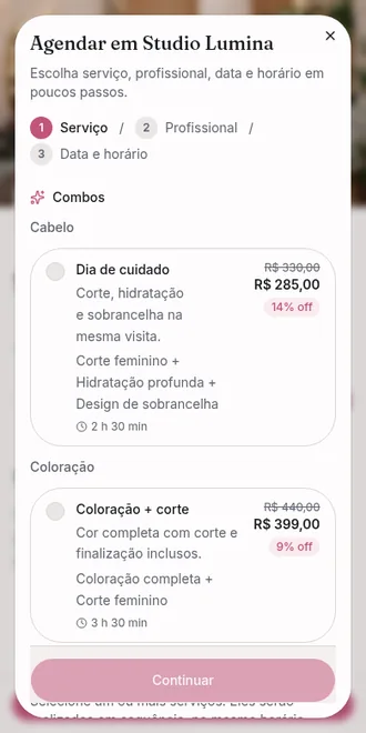 Primeiro passo do agendamento com combos por categoria, mostrando Dia de cuidado por R$ 285,00 com 14% de desconto