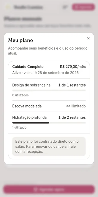Tela Meu plano com o Cuidado Completo ativo, uma sobrancelha restante, escova ilimitada e uma de duas hidratações já usada