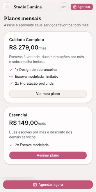 Página do salão no celular com os planos Cuidado Completo e Essencial disponíveis para assinar
