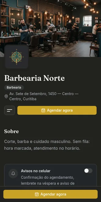 Página da Barbearia Norte em fundo escuro, com dourado como cor de destaque