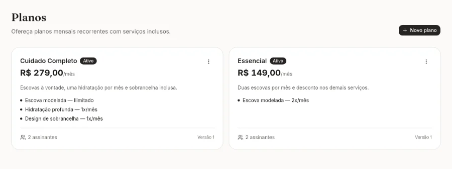 Dois planos mensais ativos, Cuidado Completo por R$ 279,00 e Essencial por R$ 149,00, com dois assinantes cada